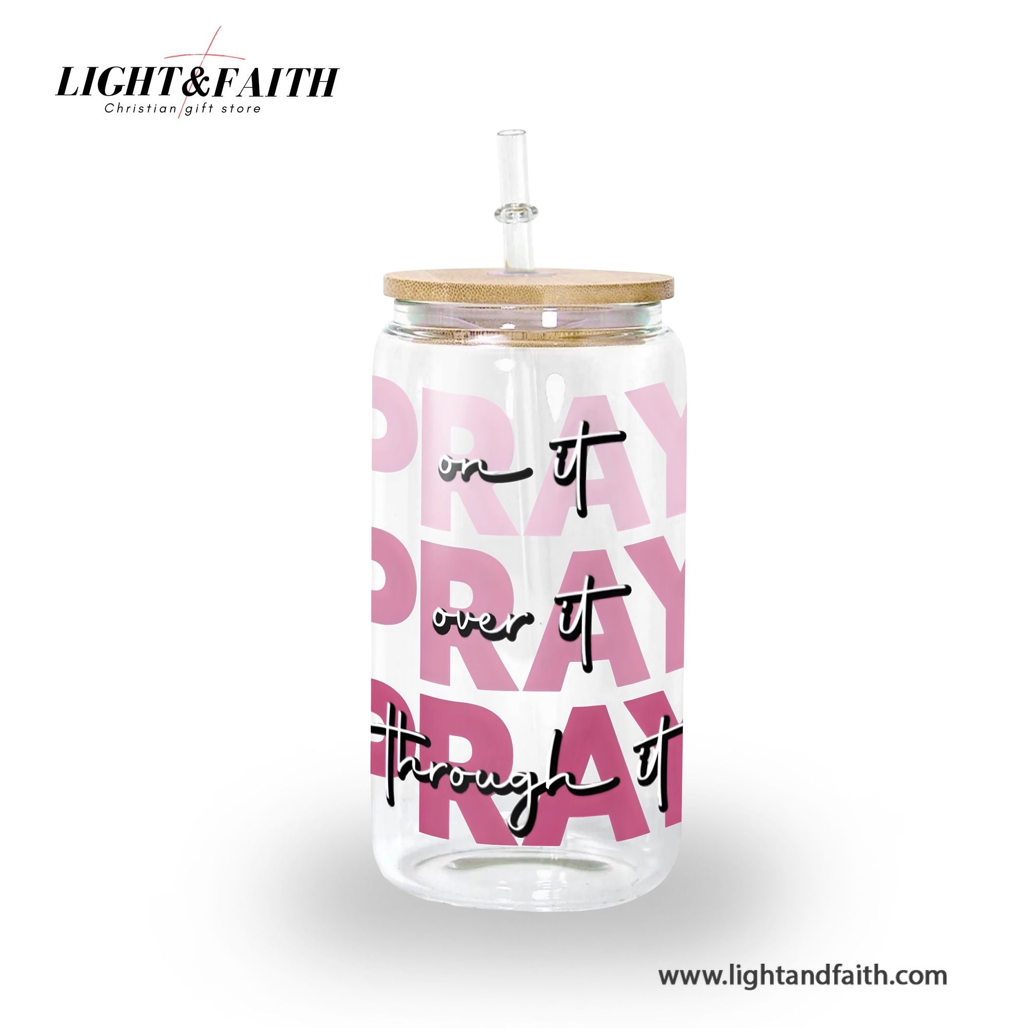 Christian Glass Can with Bamboo Lid and Straw, Pray On It Over It Through It Cup, Inspirational Scripture Iced Coffee Tumbler Gift GCLAF36